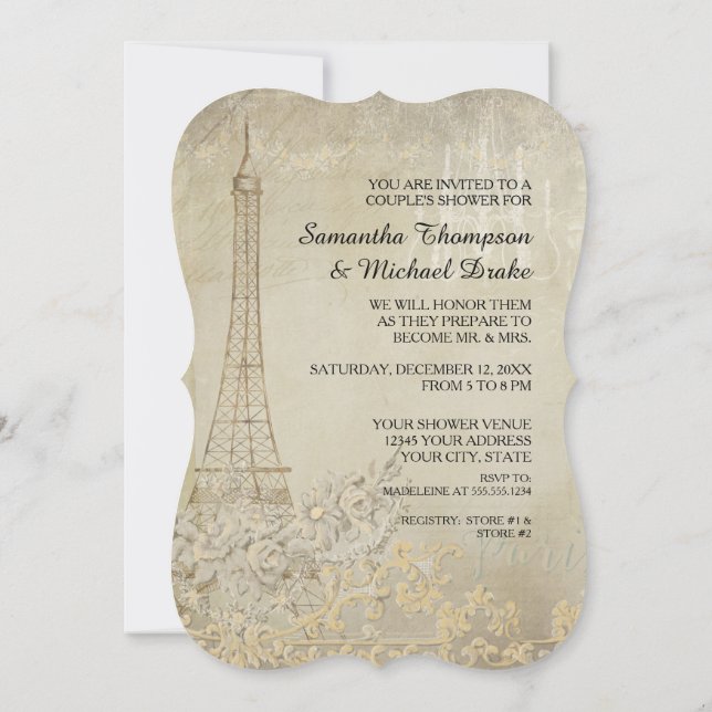 Tan Vintage Paris Parisian Stylish Couples Shower Invitation (Back)