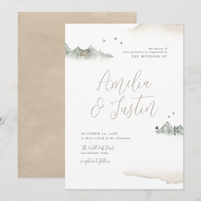 Tan Watercolor Mountain Destination Wedding Invitation (Front/Back)