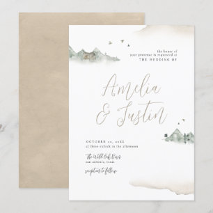 Tan Watercolor Mountain Destination Wedding Invitation