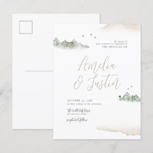 Tan Watercolor Mountain Destination Wedding Invitation Postcard
