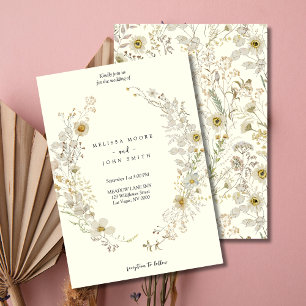 Tan White Flora Boho Wildflower Wedding Invitation