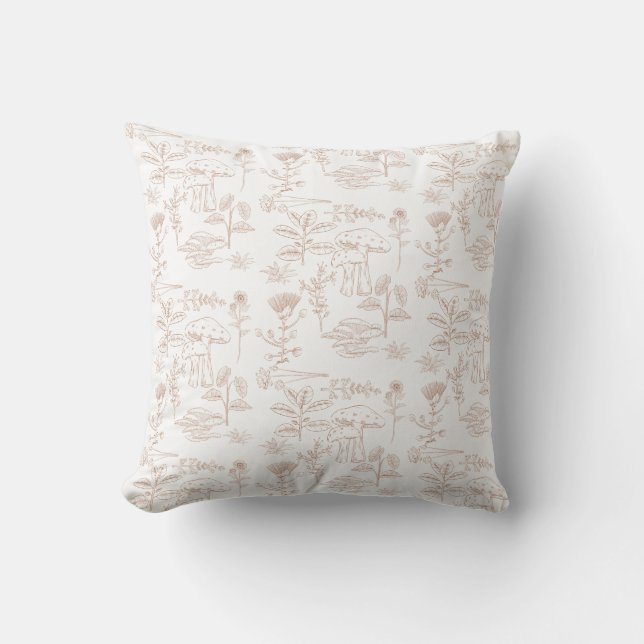Tan White Floral Vintage Farmhouse Throw Pillow (Front)