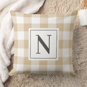 Tan White Gingham Check Monogram Initial Cushion