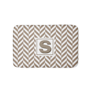 Tan White Herringbone Monogram Bath Mat