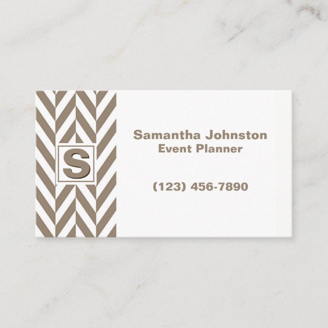 Tan White Herringbone Monogram Business Card (Front)