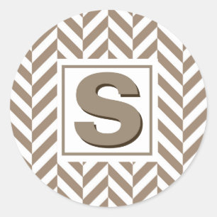 Tan White Herringbone Monogram Classic Round Sticker