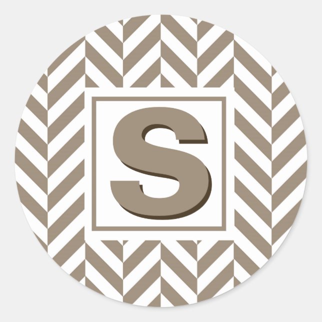 Tan White Herringbone Monogram Classic Round Sticker (Front)