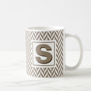 Tan White Herringbone Monogram Coffee Mug