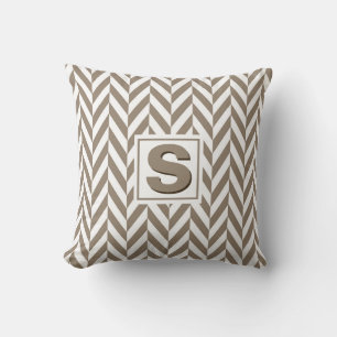 Tan White Herringbone Monogram Cushion