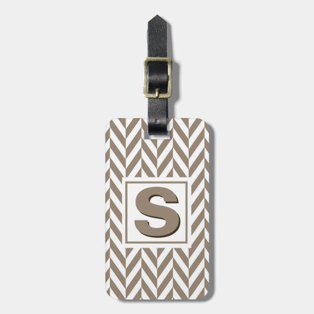 Tan White Herringbone Monogram Luggage Tag (Front Vertical)