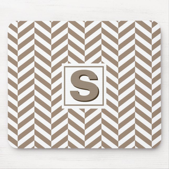 Tan White Herringbone Monogram Mouse Mat (Front)