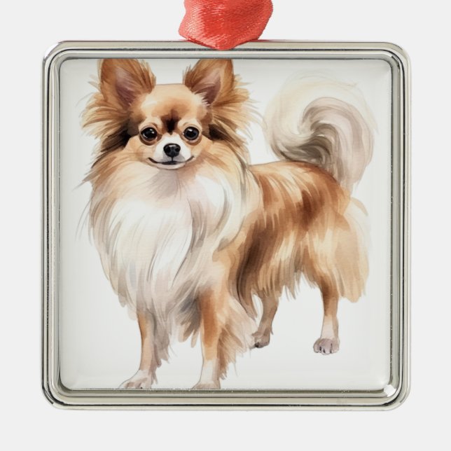 TAN & WHITE LONG HAIRED CHIHUAHUA DOG METAL TREE DECORATION (Front)