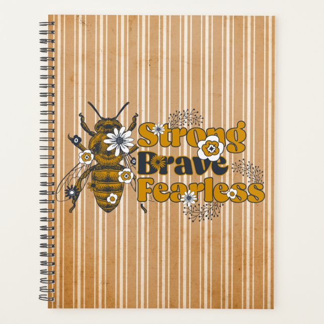 Tan & White Striped BEE Strong Inspirational Quote Planner (Front)