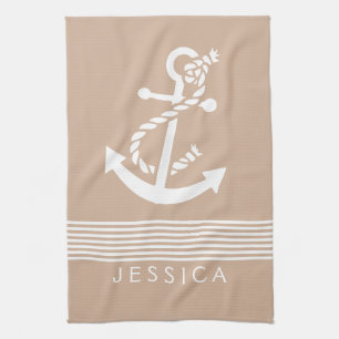 Tan & White Stripes With Nautical Anchor Tea Towel