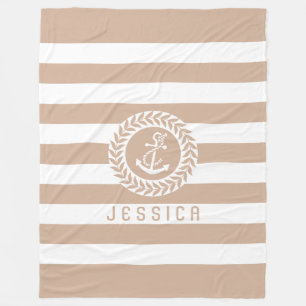 Tan & White Stripes With White Nautical Anchor Fleece Blanket