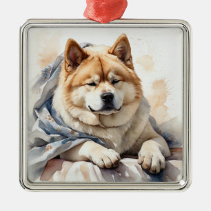 TAN & WHITE WATERCOLOR AKITA DOG METAL TREE DECORATION