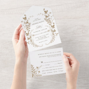 Tan & White Wildflower Silhouette Wreath Wedding  All In One Invitation