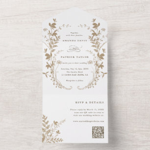 Tan Wildflower Silhouette Wreath Wedding All In One Invitation
