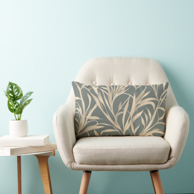 Tan Willowy Leaves on Grey Sage Lumbar Cushion (Chair)