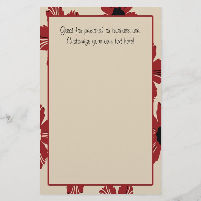 Tan With Red Floral Border Stationery (Front)