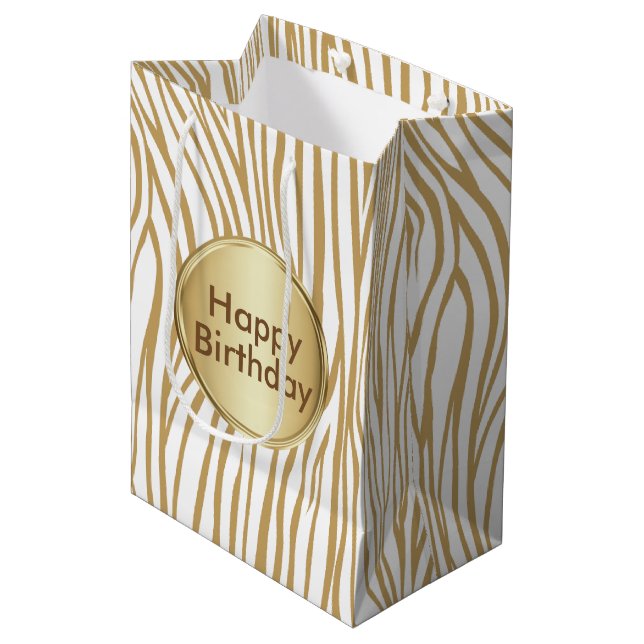 Tan Zebra Stripes Custom Text Medium Gift Bag (Front Angled)