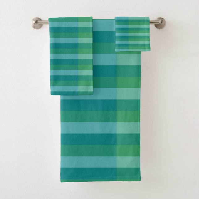 Tanager Turquoise, Teal Blue and Kelly Green Line Bath Towel Set (Insitu)