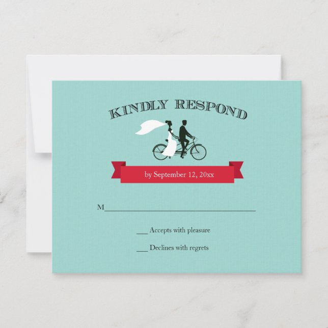 Tandem Bicycle Aqua Wedding RSVP Card (Front)