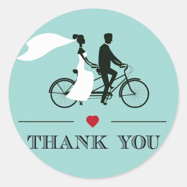 Tandem Bicycle Aqua Wedding Thank You Stickers (Front)