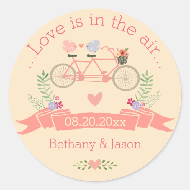 Tandem Bicycle, Birds and Banner Wedding Classic Round Sticker (Front)