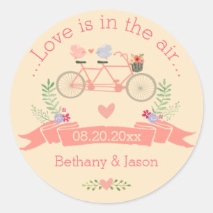 Tandem Bicycle, Birds and Banner Wedding Classic Round Sticker