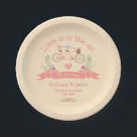 Tandem Bicycle, Birds and Banner Wedding Paper Plate<br><div class="desc">Custom wedding paper plates to use at the wedding reception and wedding party. Elegant, romantic, personalised, template for weddings with a cute, pink tandem bicycle with a basket of pretty, colourful flowers, and whimsical pink and blue cartoon birds with a love heart between them sitting on the seats of the...</div>