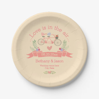 Tandem Bicycle, Birds and Banner Wedding Paper Plate