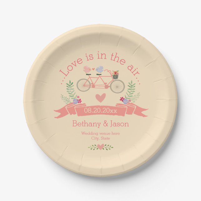Tandem Bicycle, Birds and Banner Wedding Paper Plate (Front)