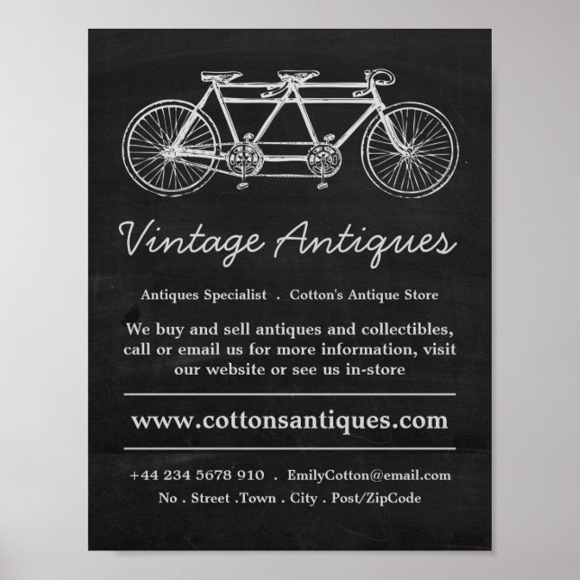 Tandem Bicycle & Chalkboard, Antique Dealer, Store Poster (Front)