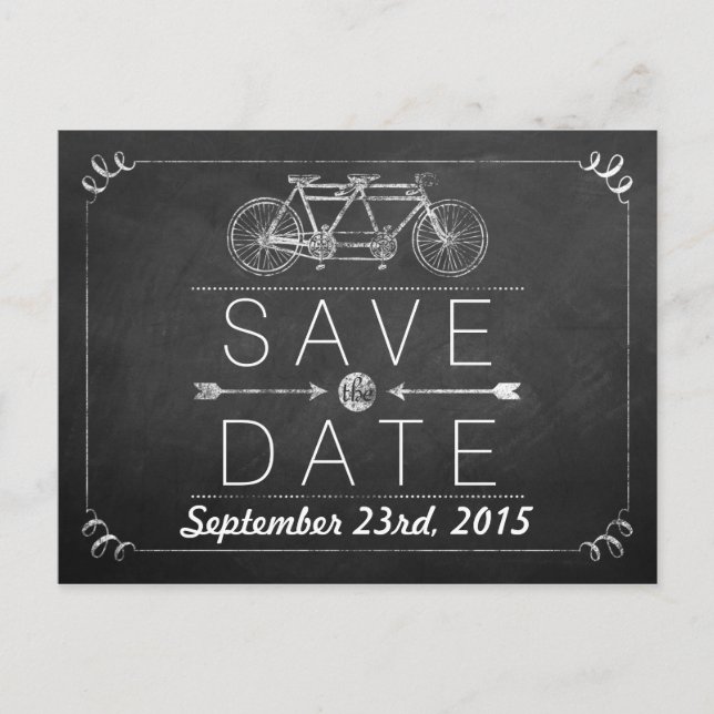 Tandem Bicycle Chalkboard Typography Wedding Announcement Postcard (Front)