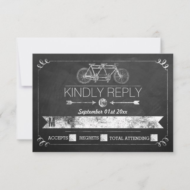 Tandem Bicycle Chalkboard Typography Wedding RSVP (Front)