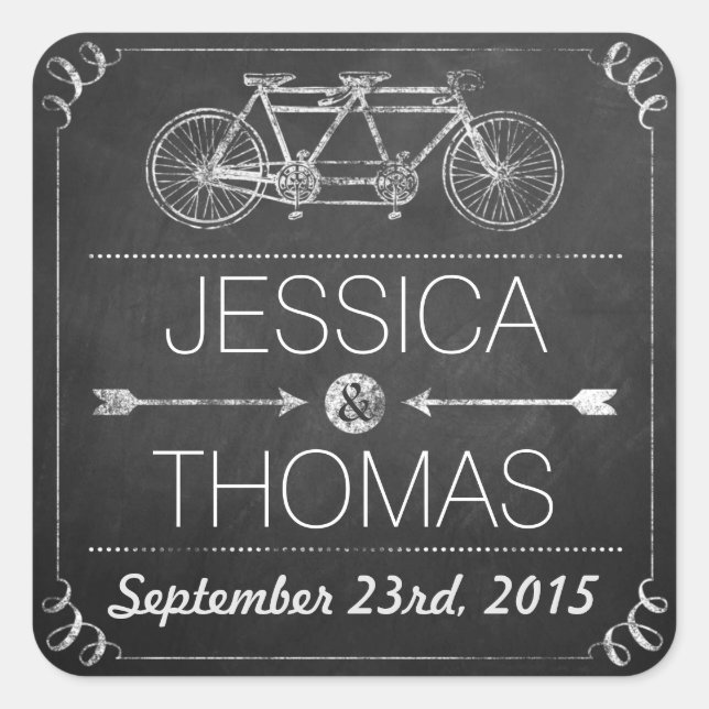 Tandem Bicycle Chalkboard Typography Wedding Square Sticker (Front)