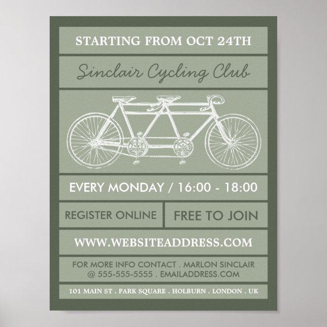 Tandem Bicycle, Cycling Club Advertising Poster (Front)
