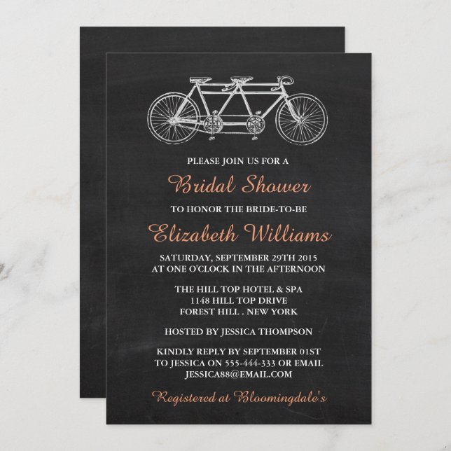 Tandem Bicycle On Chalkboard Bridal Shower Invitation (Front/Back)