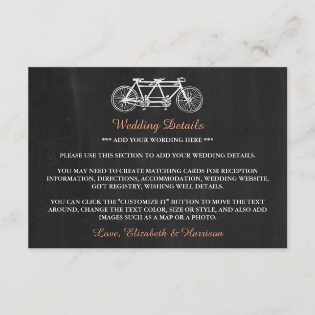 Tandem Bicycle On Chalkboard Wedding Detail Insert (Front)