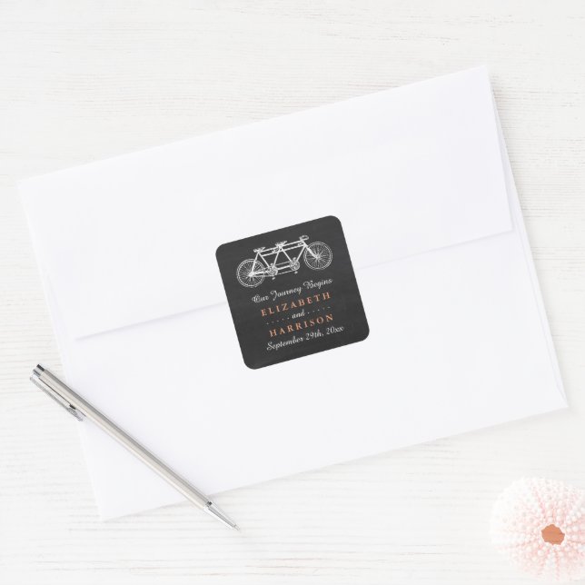 Tandem Bicycle On Chalkboard Wedding Favour Square Sticker (Envelope)
