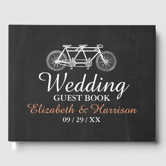 Tandem Bicycle On Chalkboard Wedding Guest Book (Front)