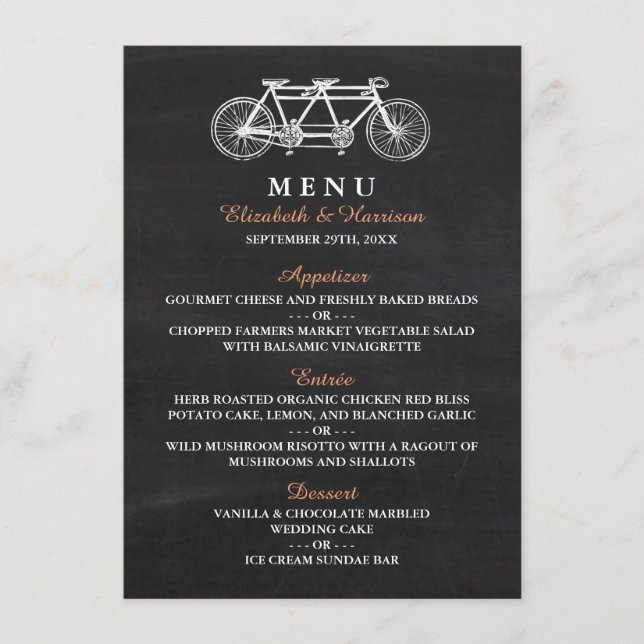 Tandem Bicycle On Chalkboard Wedding Menu (Front)