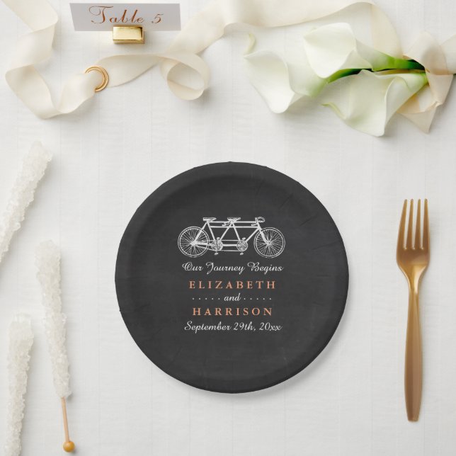 Tandem Bicycle On Chalkboard Wedding Paper Plate (Wedding)