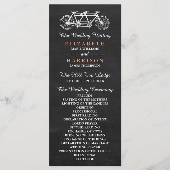 Tandem Bicycle On Chalkboard Wedding Programme (Front)
