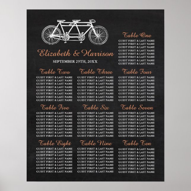Tandem Bicycle On Chalkboard Wedding Seating Chart (Front)