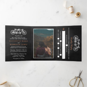 Tandem Bicycle On Chalkboard Wedding Suite Tri-Fold Invitation