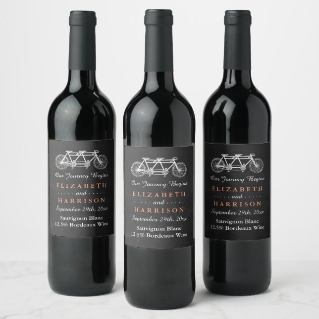 Tandem Bicycle On Chalkboard Wedding Wine Label (Bottles)