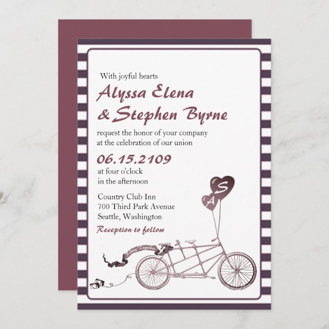 Tandem Bicycle Romantic Casual Wedding Invitation (Front/Back)