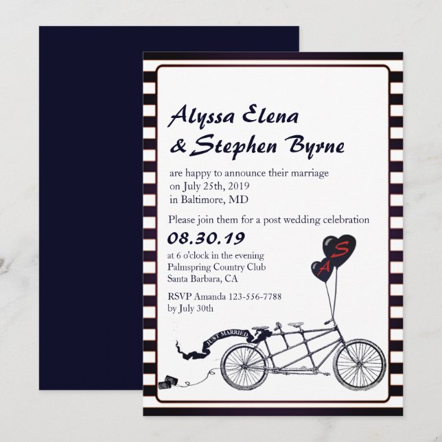 Tandem Bicycle Romantic Post Wedding Reception Invitation (Front/Back)